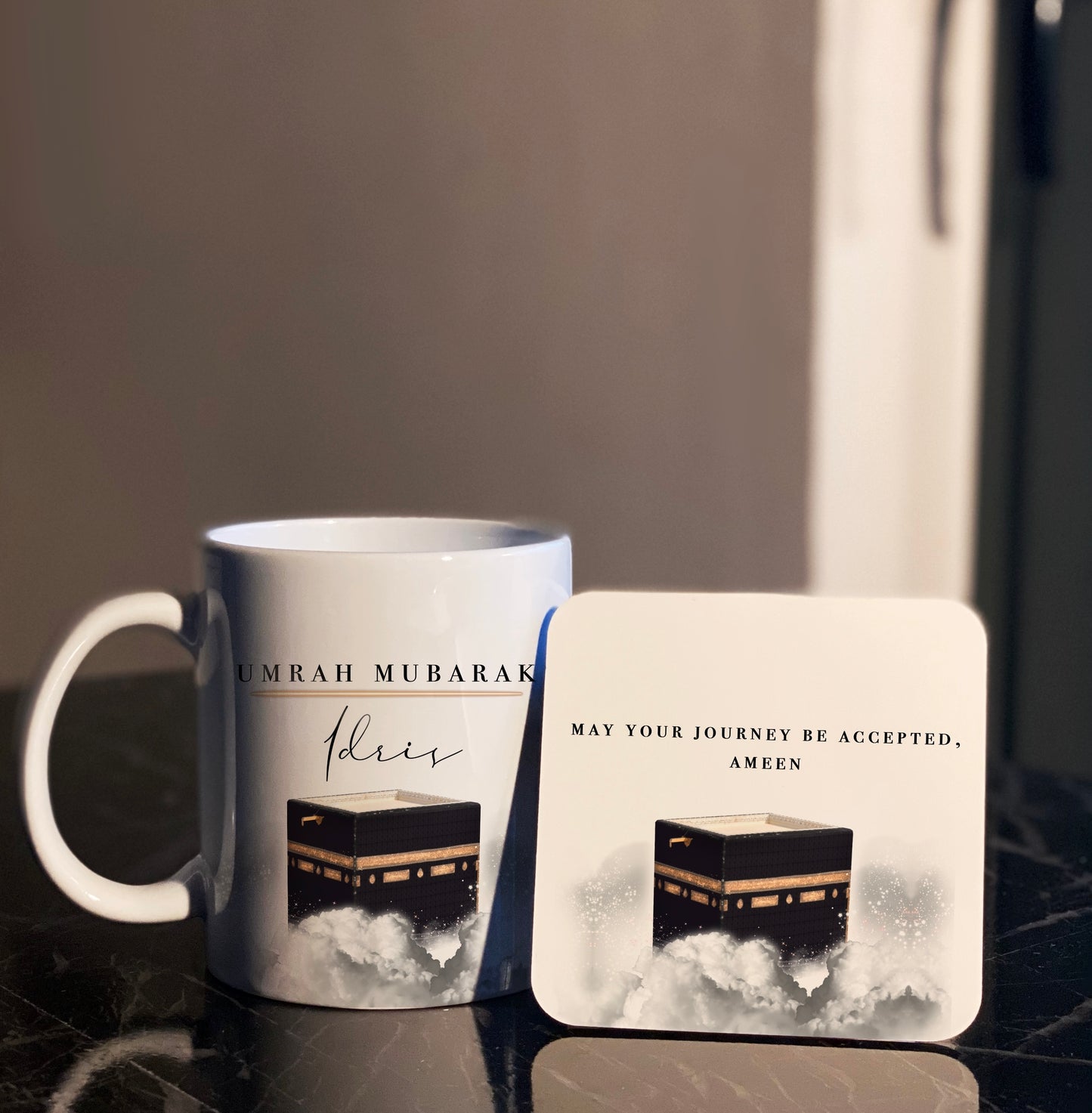 Personalised Cloudy Umrah Mubarak Mug & Coaster