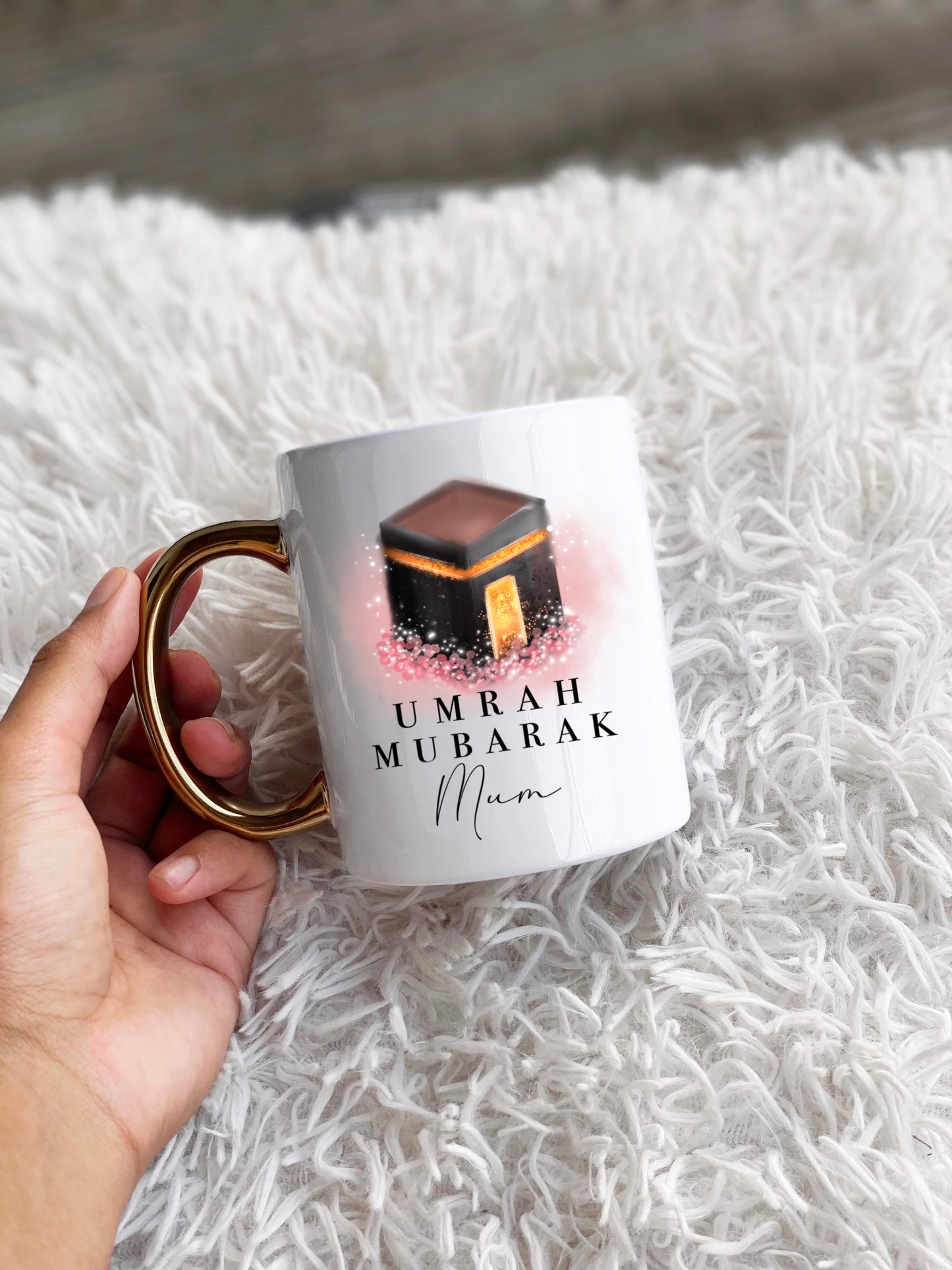 Umrah Mubarak Pink Personalised Gold Handle Mug