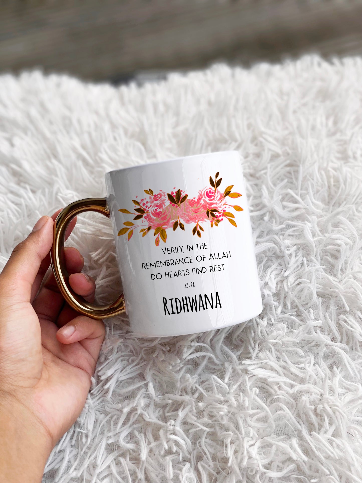 Floral Pink Personalised Qur’anic Verse Gold Handle Mug