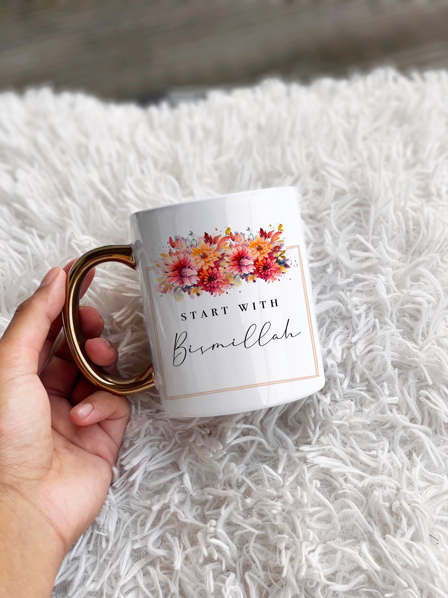 Floral Start With Bismillah Gold Handle Mug