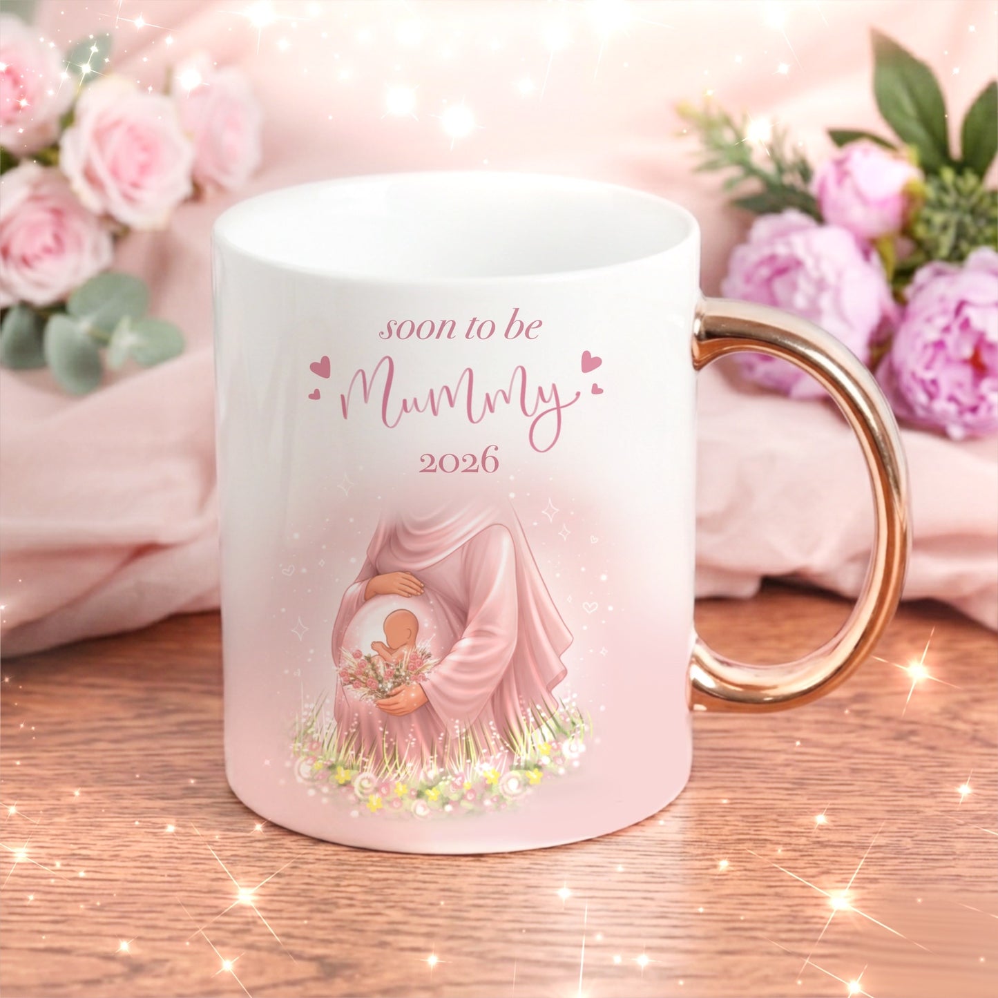 Gold Handle Hijabi Mummy To Be Babyshower Mug Islamic Gift - Ramadan Gift, Eid Gift