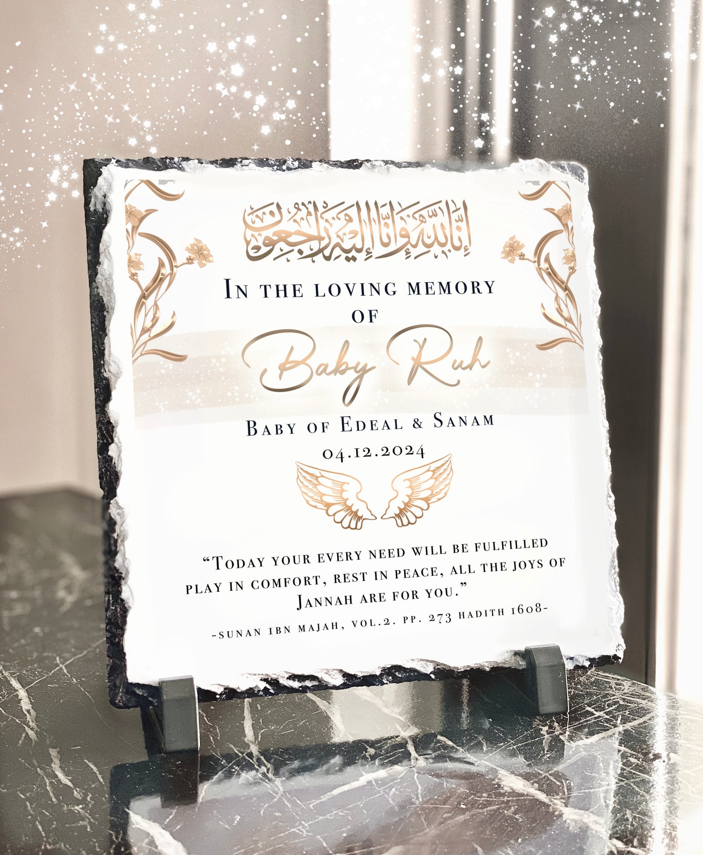Baby Memorial Personalised Islamic Slate with Stand (20x20cmb