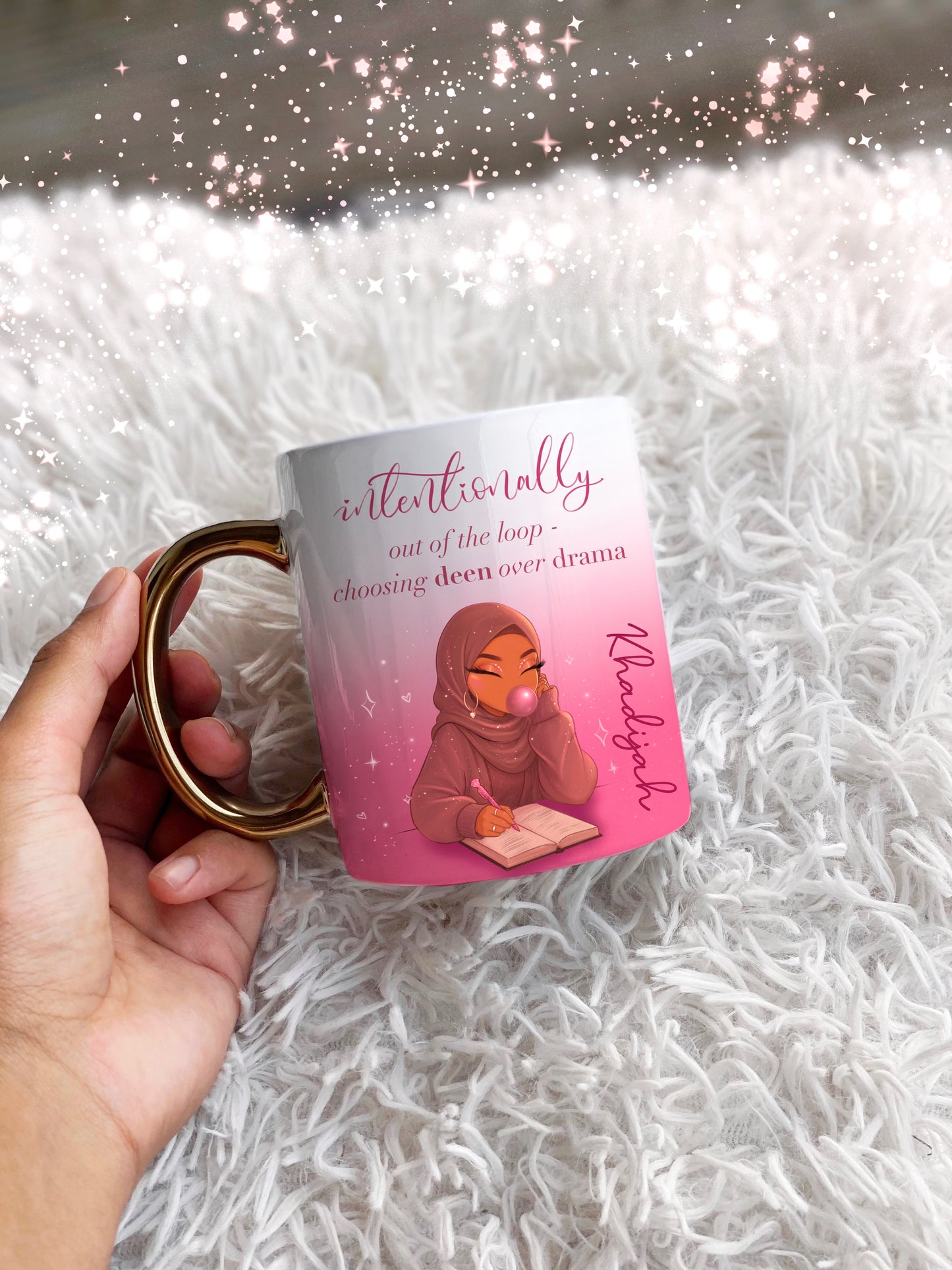 Pink Hijabi Deen over Drame Gold Handle Personalised Name Mug Islamic Gift