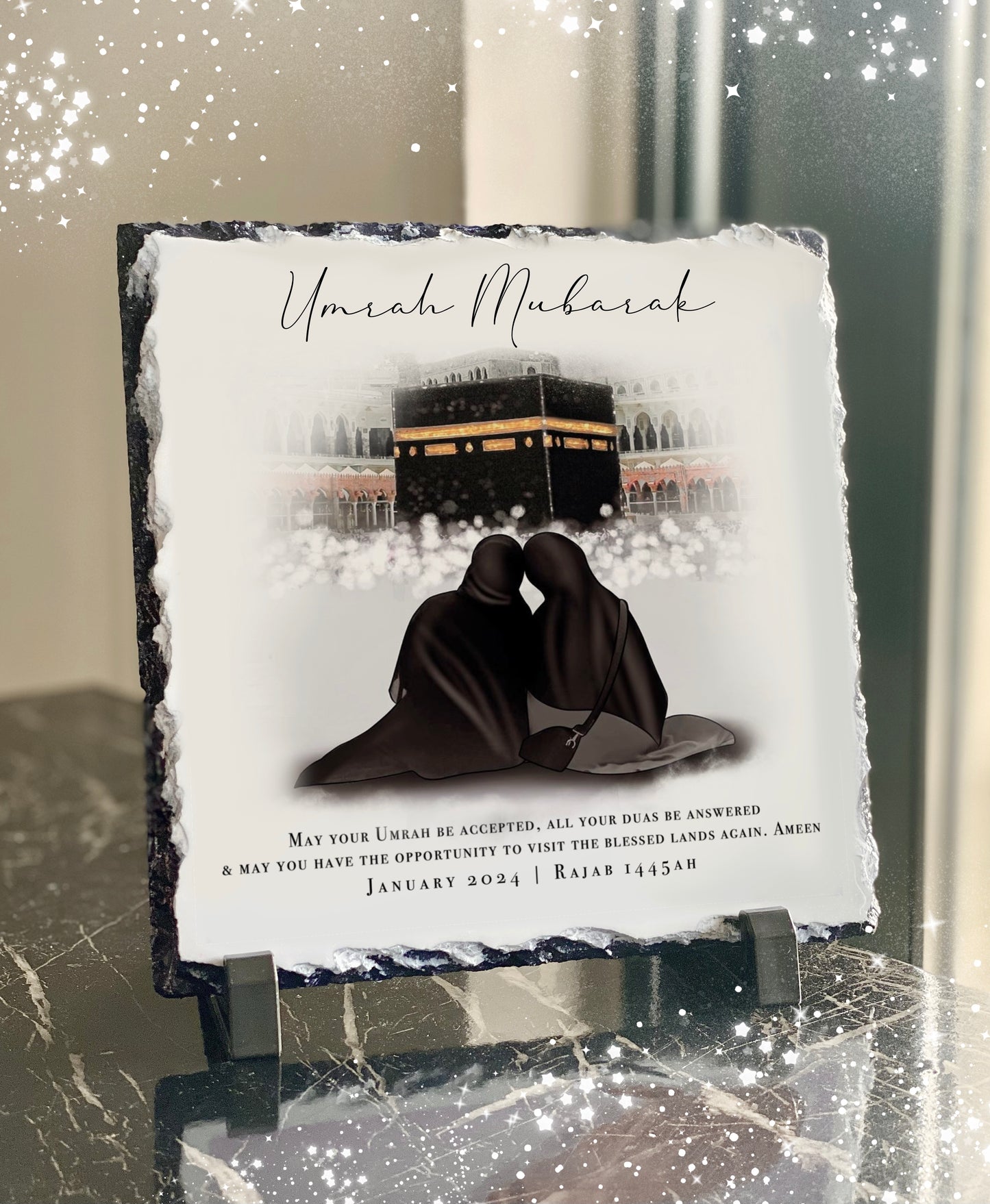 Umrah Mubarak Gift Sisters Friendship Slate with Personalised Names and Stand (20x20cm