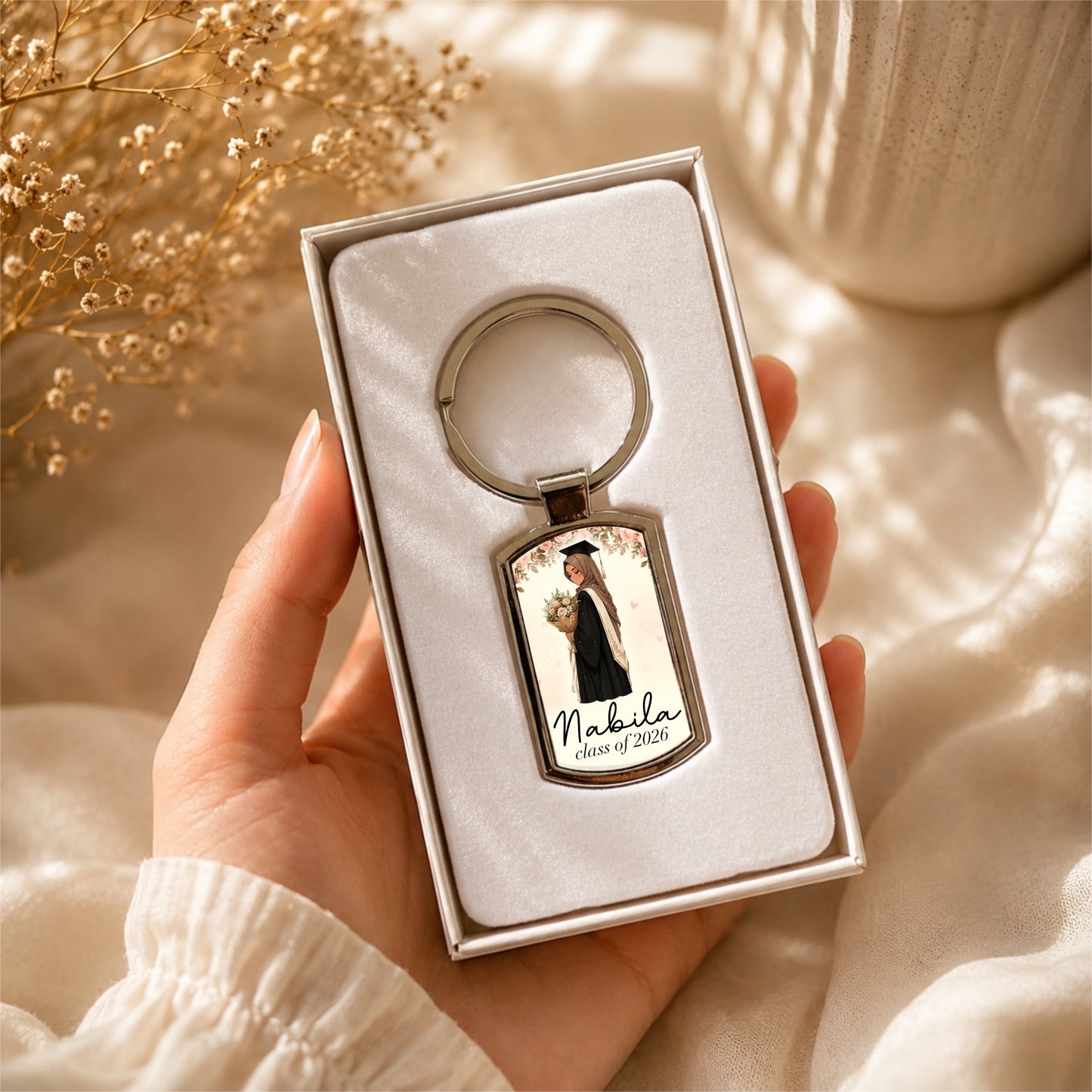 Personalised Graduation Hijabi Name Metal Keychain with Gift Box