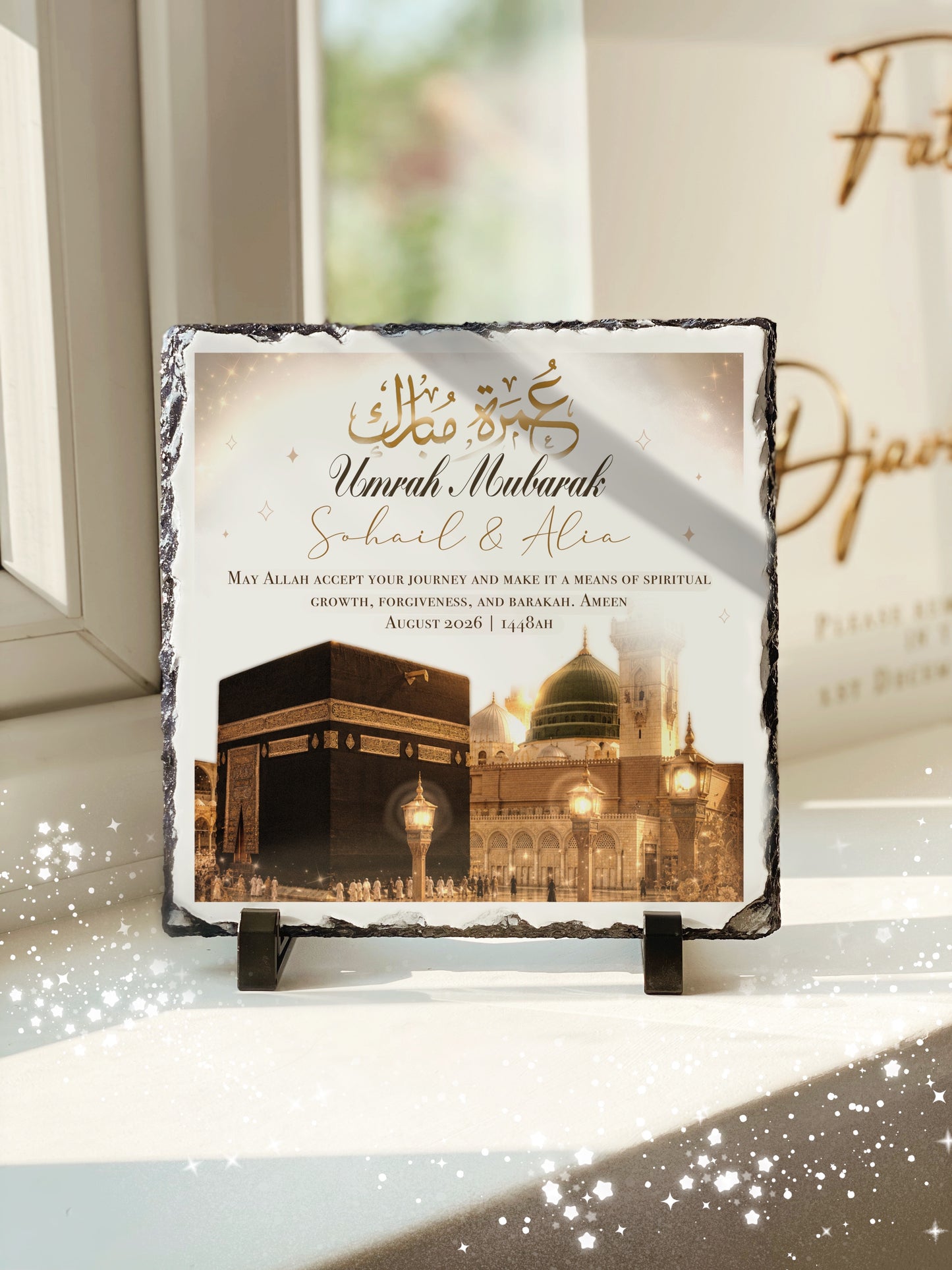 Heavyweight Personalised Golden Kabah Masjid Umrah Mubarak Slate Plaque (stand included) 20x20cm