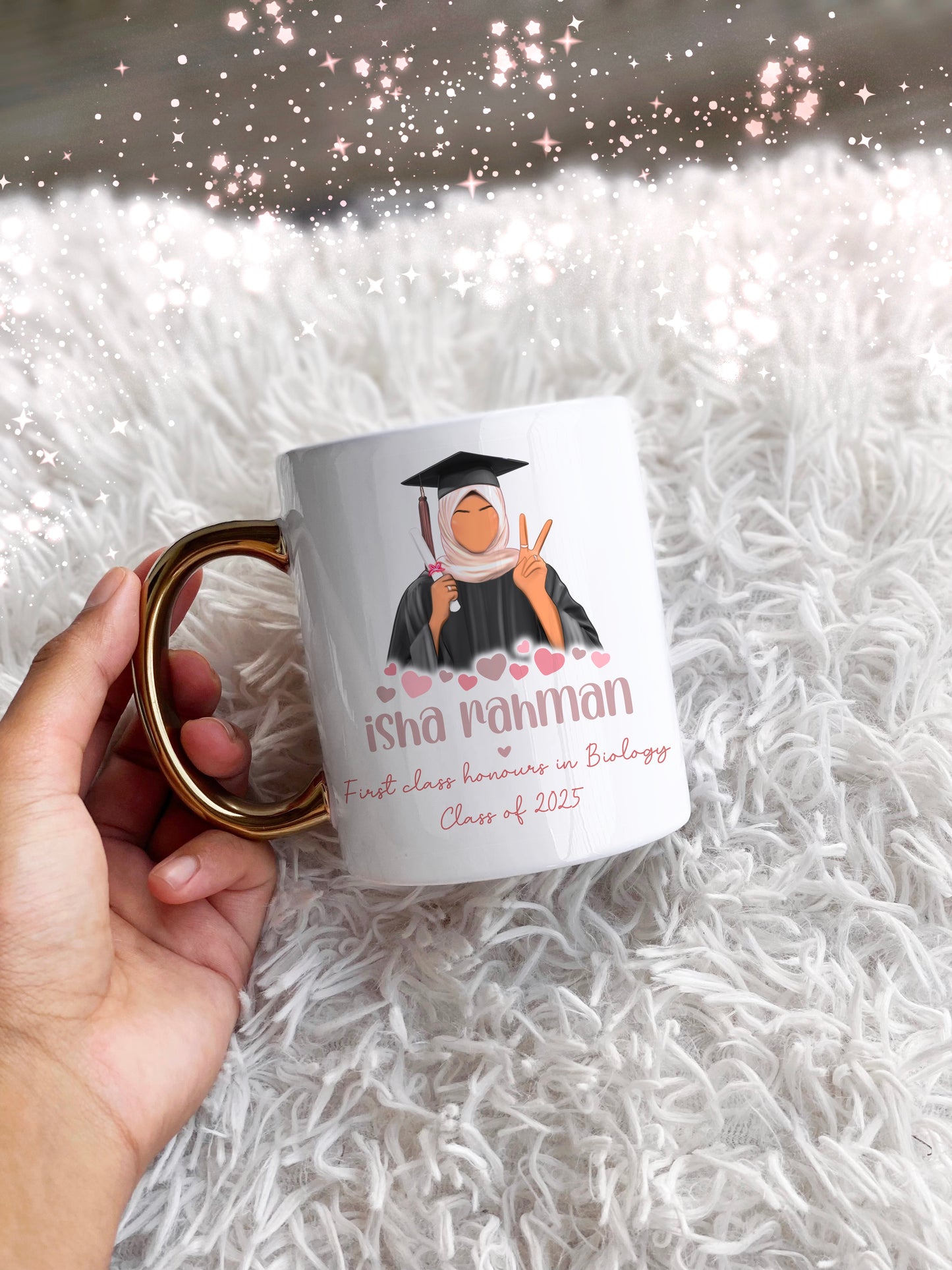 Cute Hearts Hijabi Graduate Personalised Name Mug Graduation Personalised Skin Tone Gold Handle Islamic Gift