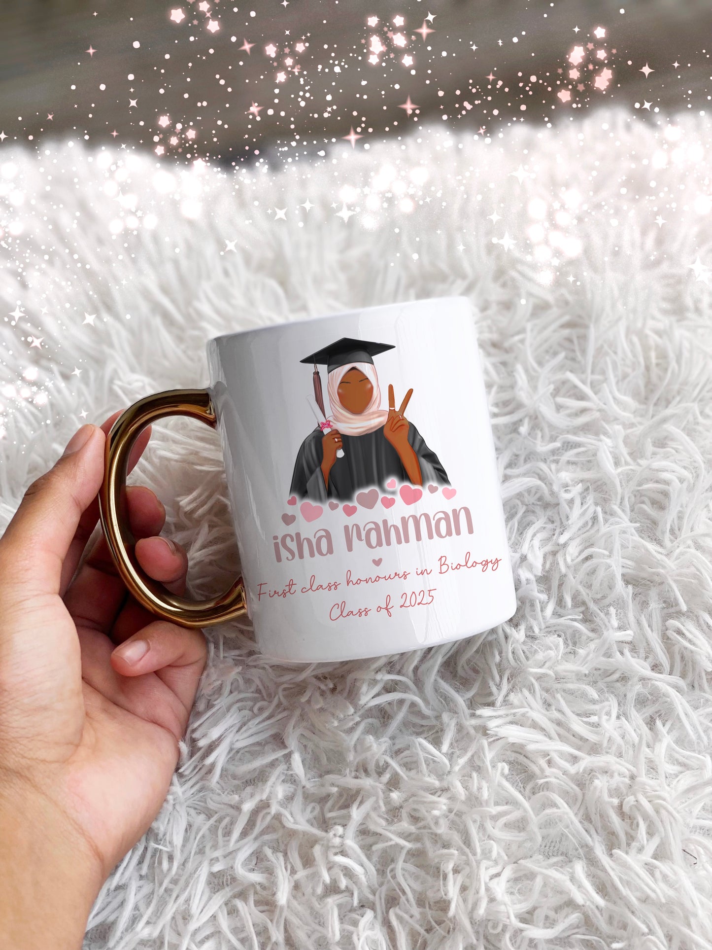 Cute Hearts Hijabi Graduate Personalised Name Mug Graduation Personalised Skin Tone Gold Handle Islamic Gift