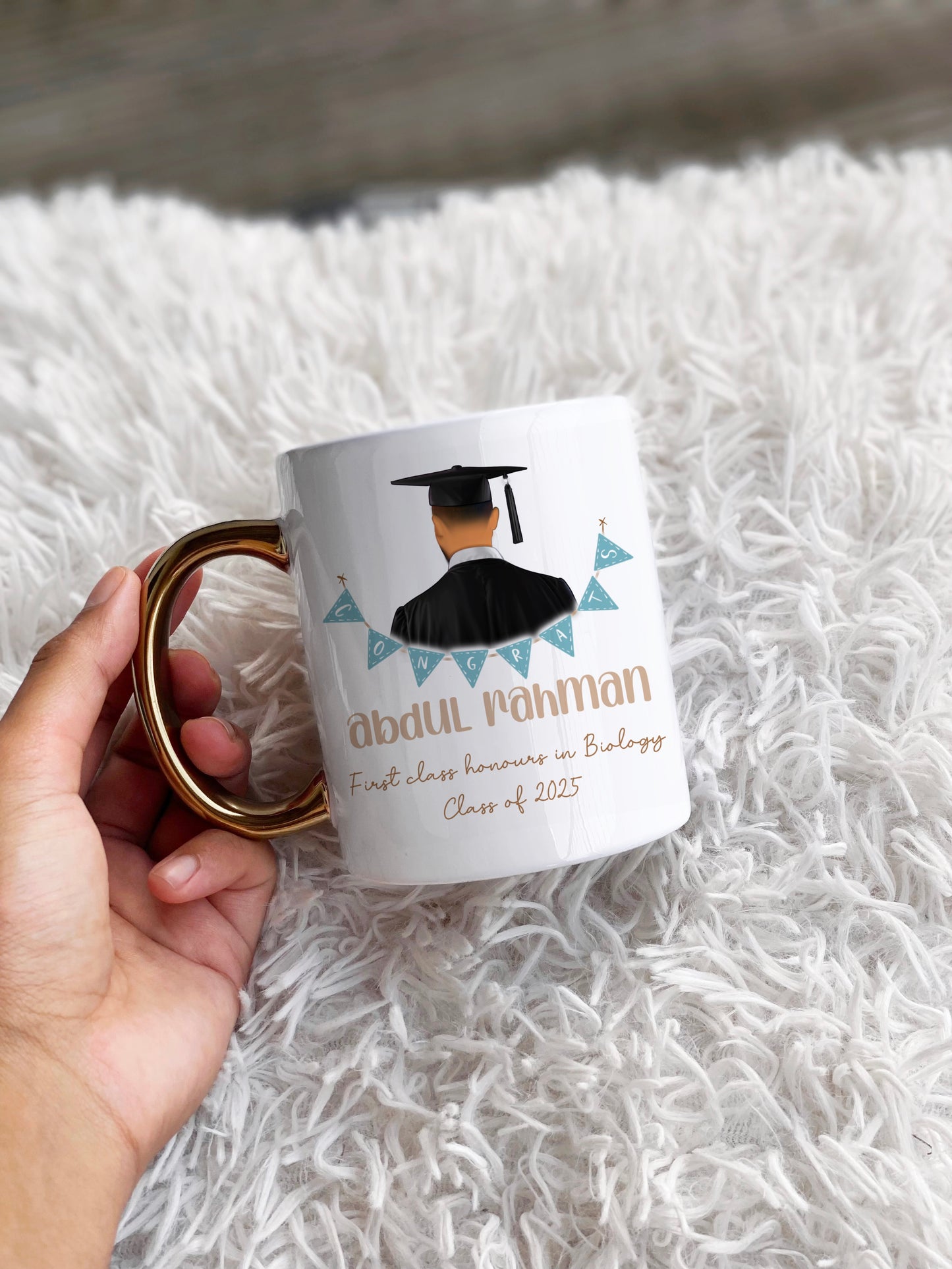 Male Blue Graduate Personalised Name Mug Graduation Personalised Skin Tone Gold Handle Islamic Gift