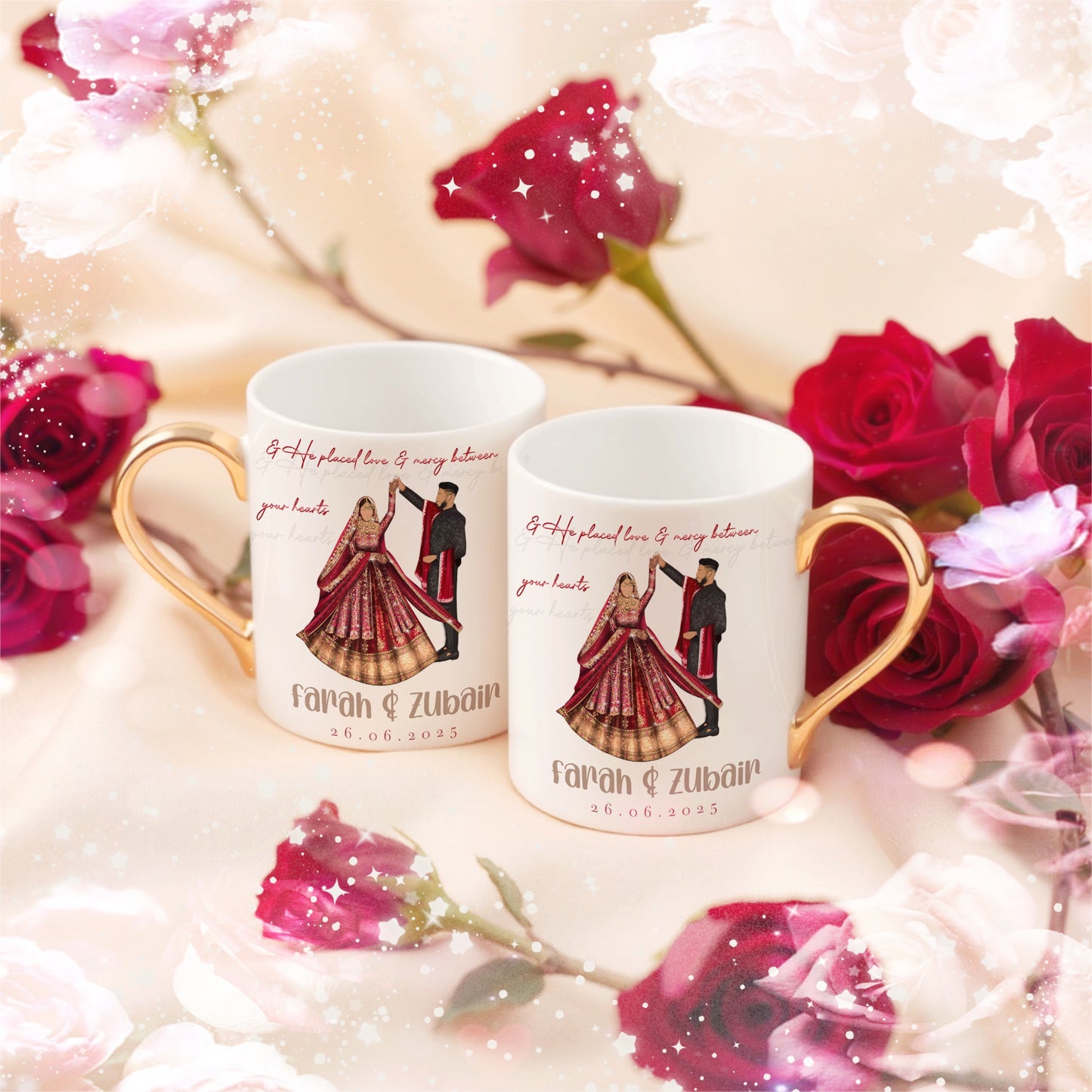 Set of 2 Personalized Couple Red and Black Mugs with Gold Handle