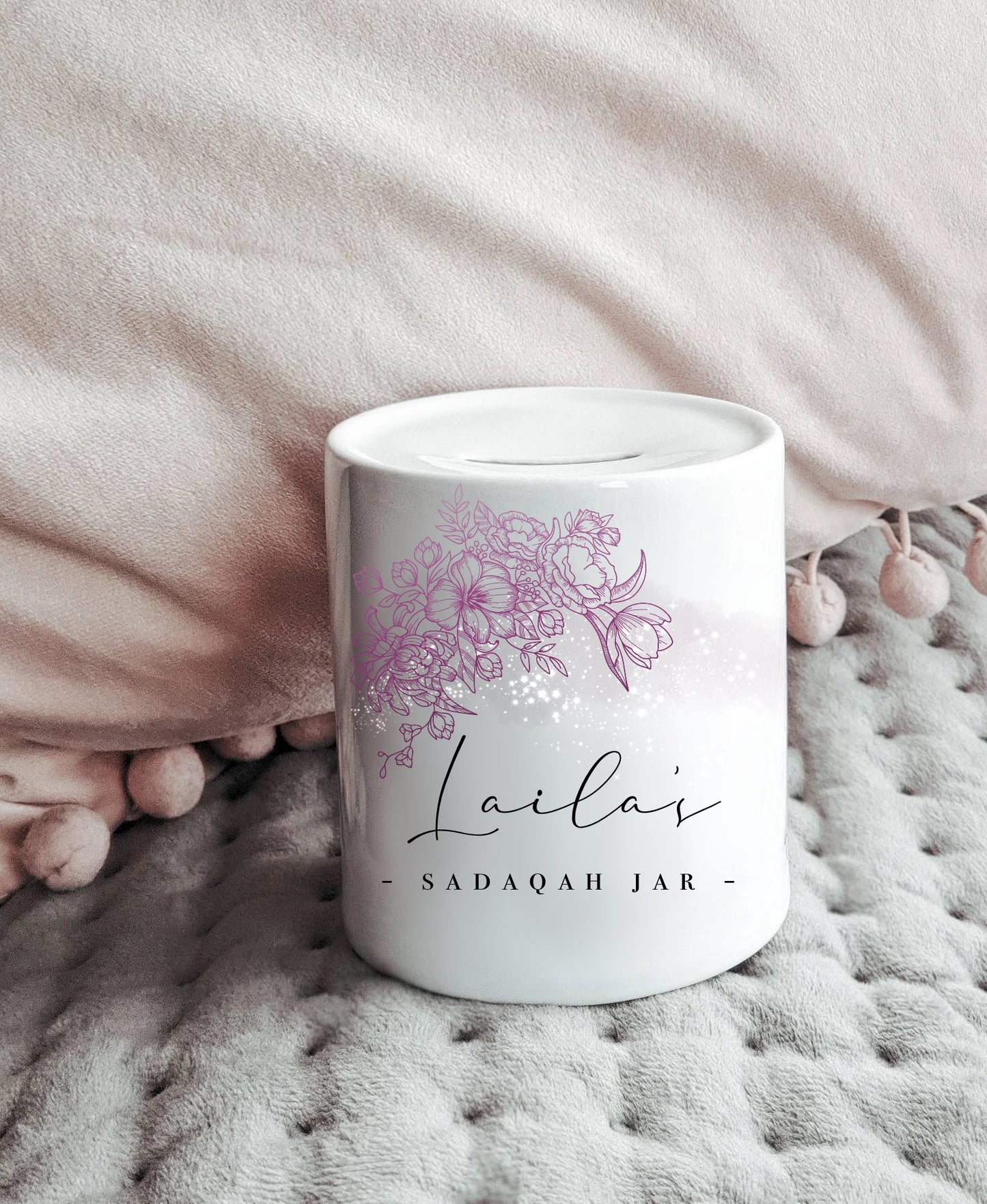 Floral Line Personalised Islamic Sadaqah Jar with Removable Plug