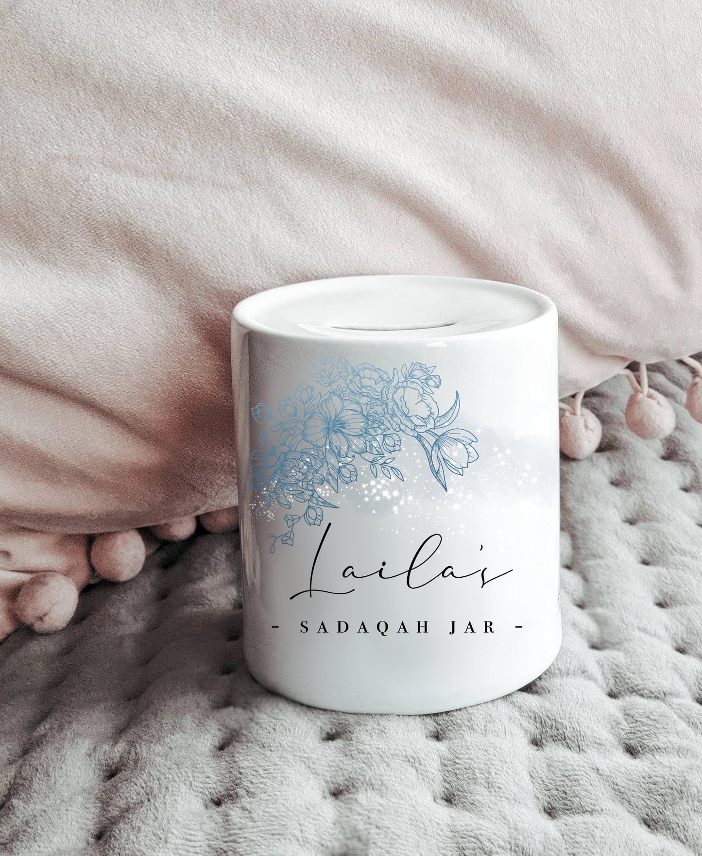 Floral Line Personalised Islamic Sadaqah Jar with Removable Plug