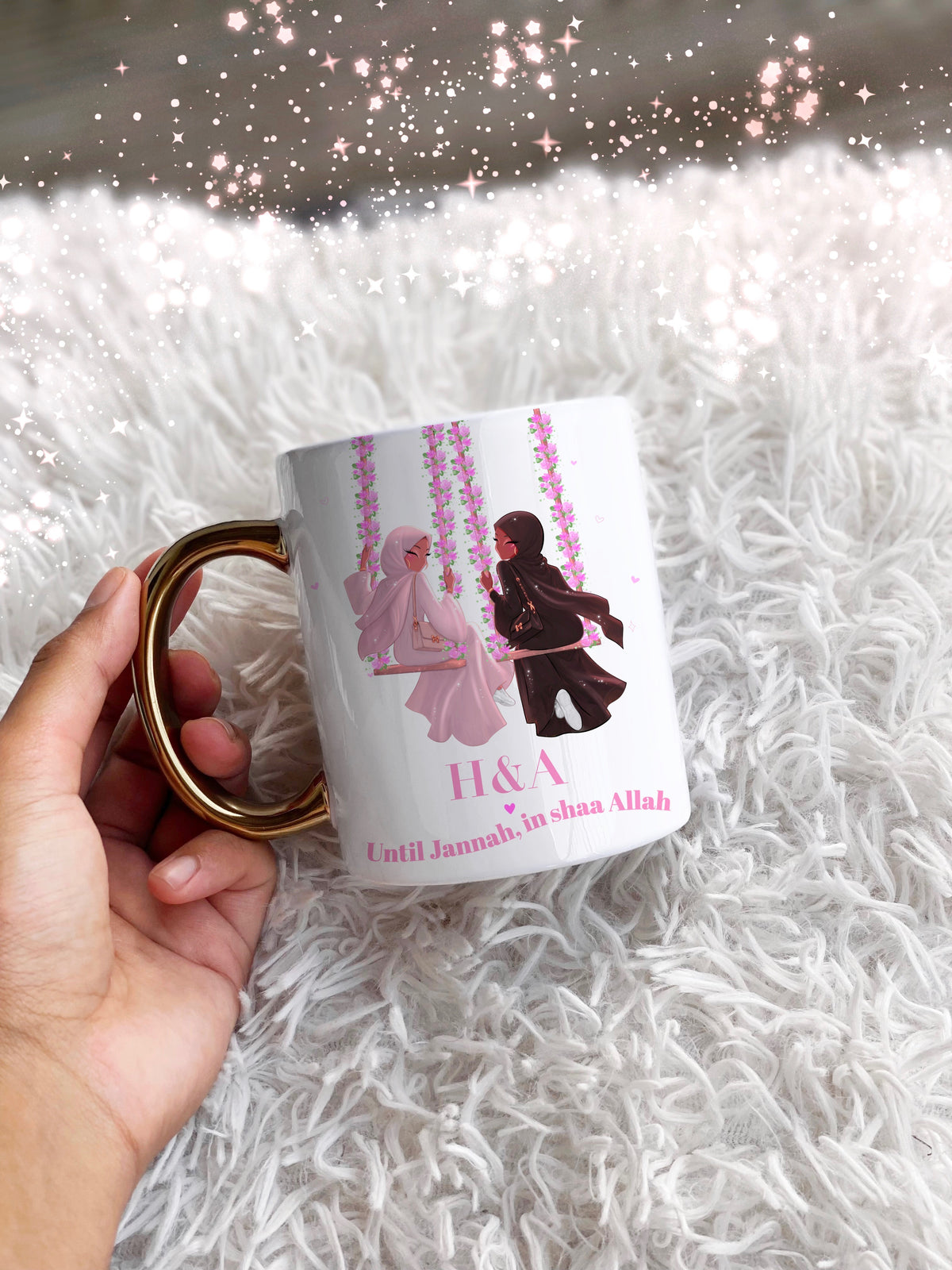 Hijabj Best Friends Sisters Floral Gold Handle Personalised Name Mug Islamic Gift