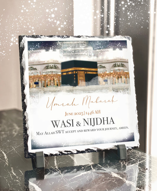 Umrah Gift Umrah Mubarak Slate Islamic Gift with Personalised Names and Stand (20x20cm)