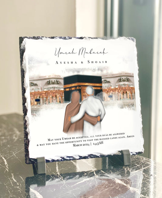 Umrah Mubarak Couples Slate with Personalised Names and Stand (20x20cm