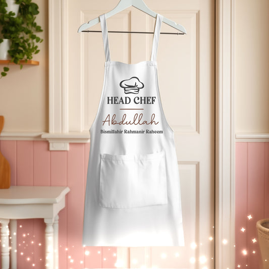 Personalised Islamic Mens White Head Chef Cooking Apron