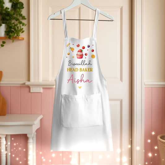 Personalised Islamic Women’s White Head Baker Baking Apron