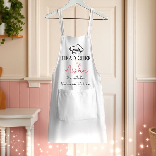 Personalised Islamic Womens White Head Chef Cooking Apron