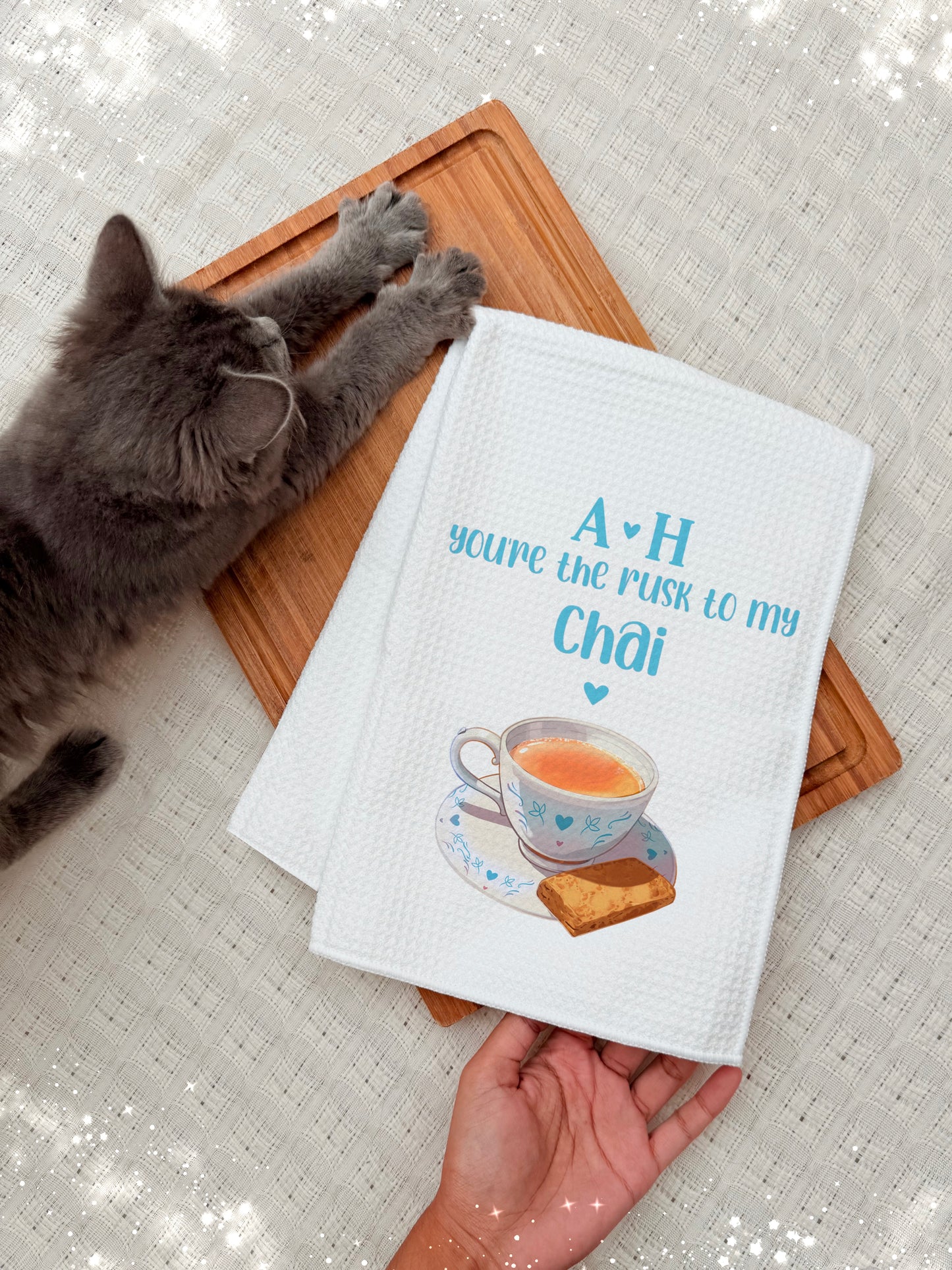 Personalised Set of 2 Pink and Blue Rusk to My Chai Waffle Tea Towel