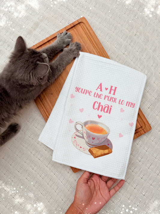 Personalised Set of 2 Pink and Blue Rusk to My Chai Waffle Tea Towel
