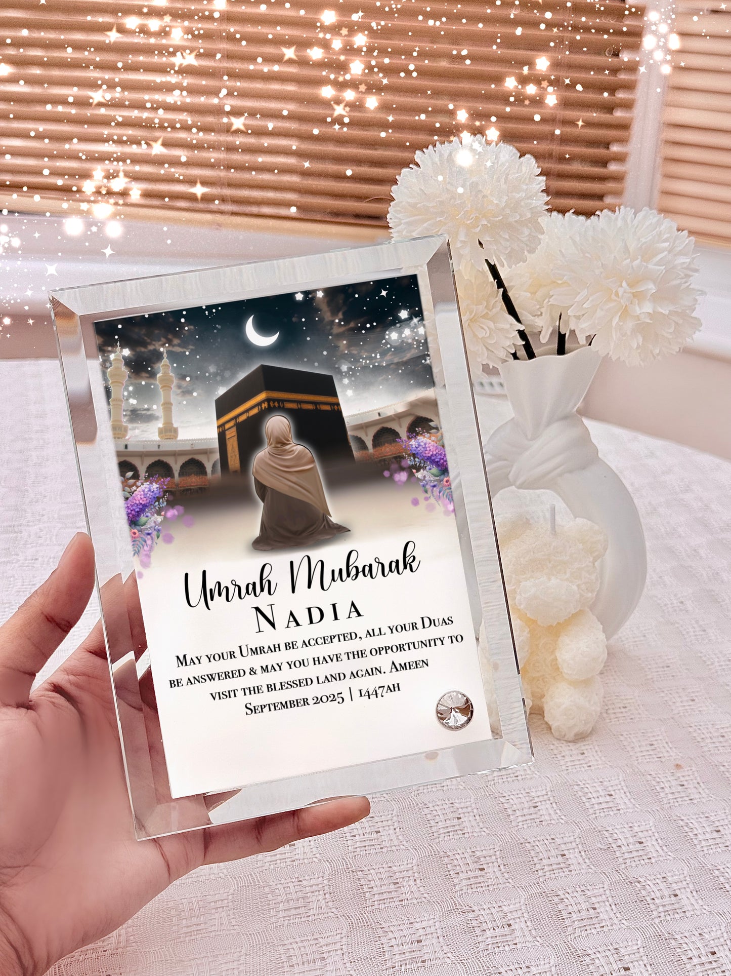 Umrah Gift Umrah Mubarak Kabah Womens Night Sky Masjid Crystal Glass Frame with Personalised Names and Stand (18x13cm)