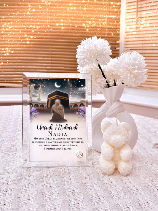 Umrah Gift Umrah Mubarak Kabah Womens Night Sky Masjid Crystal Glass Frame with Personalised Names and Stand (18x13cm)