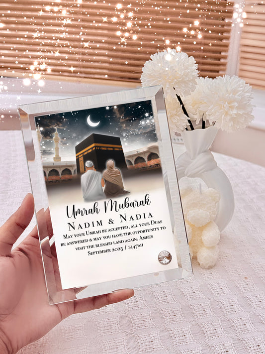 Umrah Mubarak Gift Kabah Couples Night Sky Husband and Wife Masjid Crystal Glass Frame with Personalised Names and Stand (18x13cm)