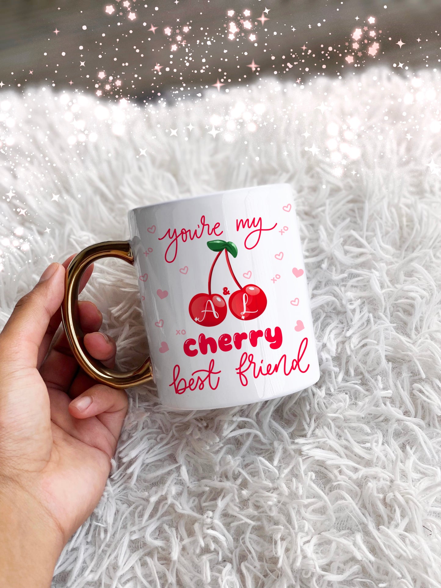 Cherry Themed Personalised Best Friends Initials Gold Handle Mug
