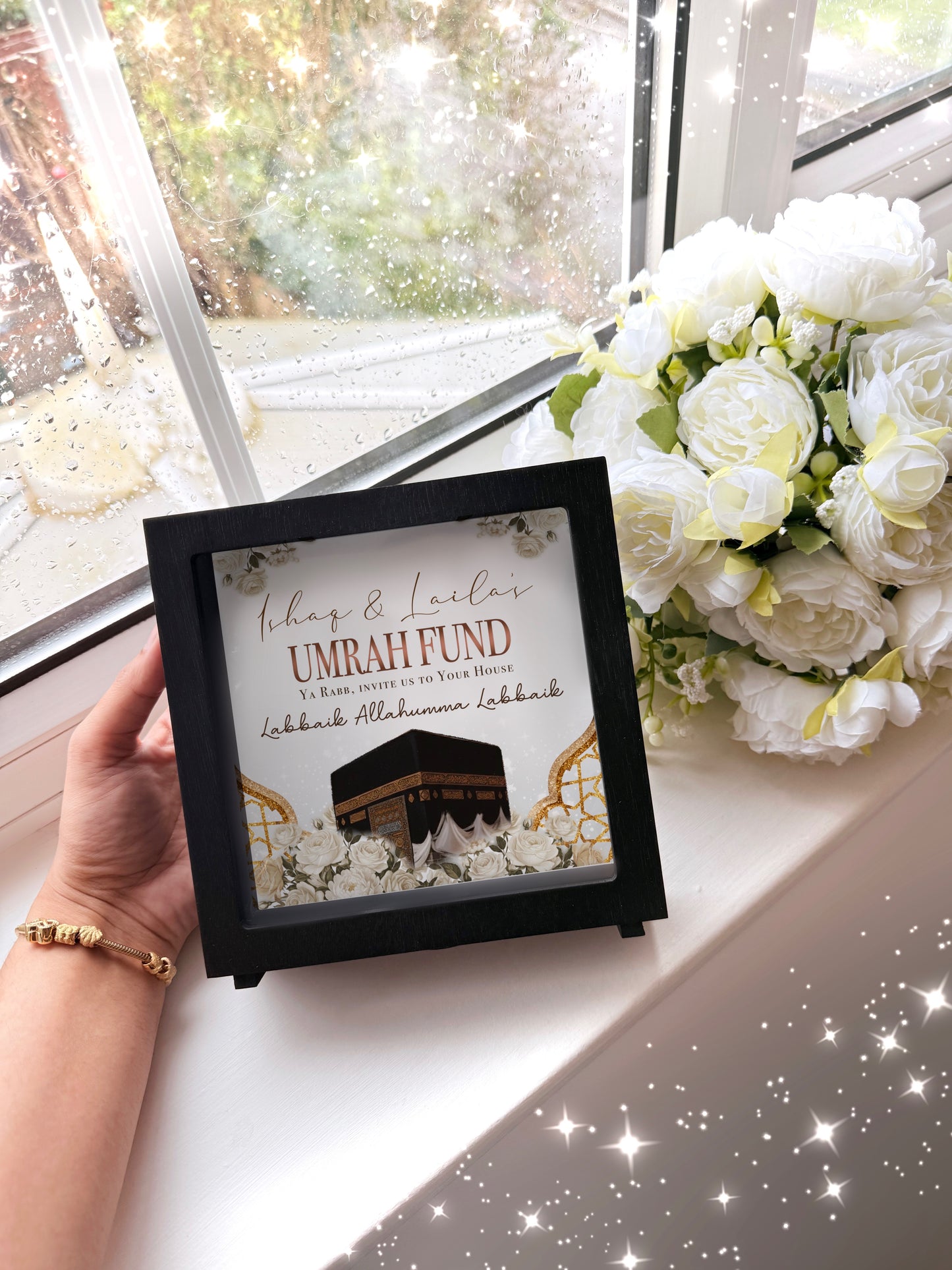 Floral Gold Wooden Personalised Islamic Umrah Fund Box with Removable Plug 6.5x6.5 inch