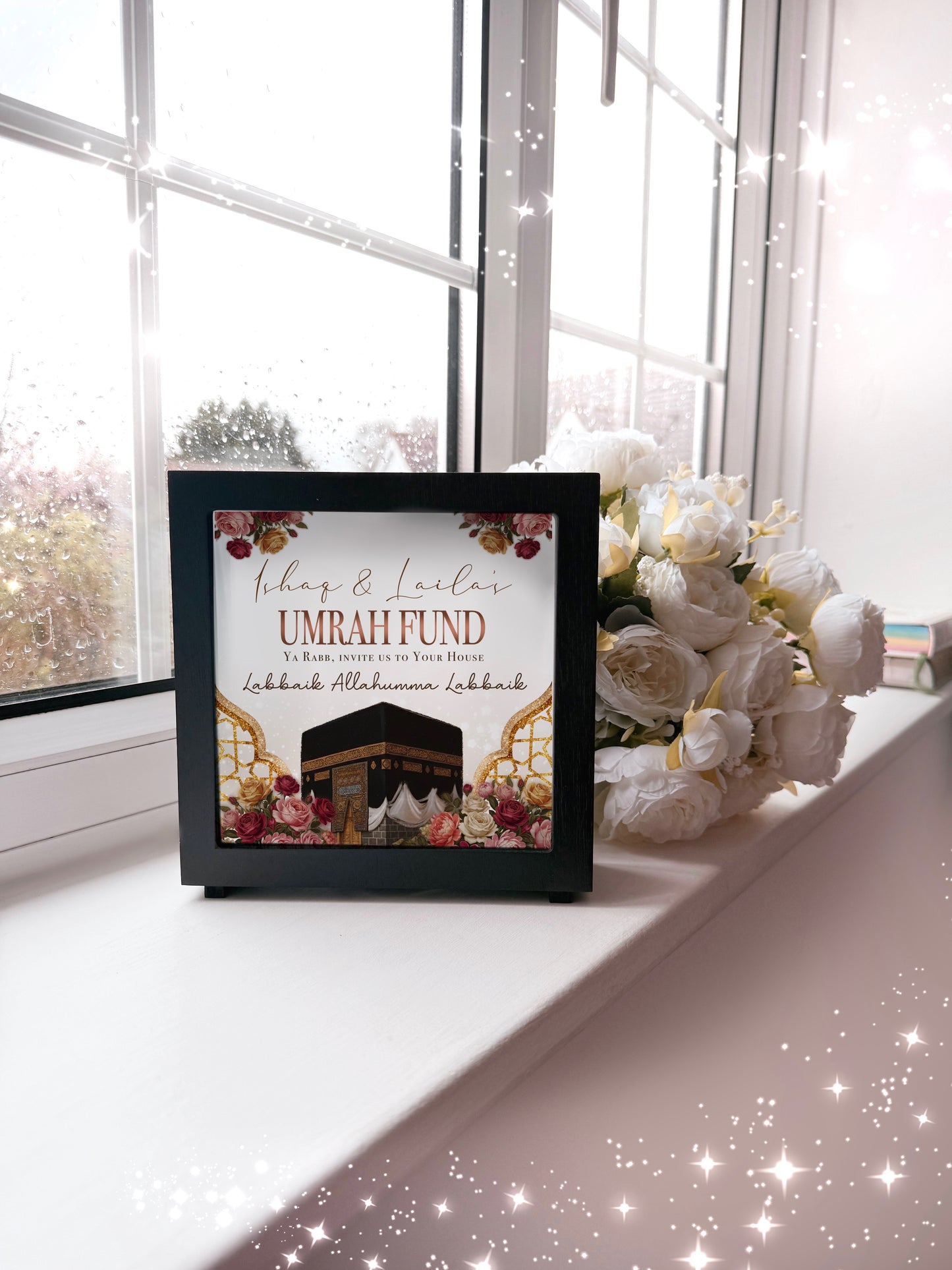 Floral Gold Wooden Personalised Islamic Umrah Fund Box with Removable Plug 6.5x6.5 inch