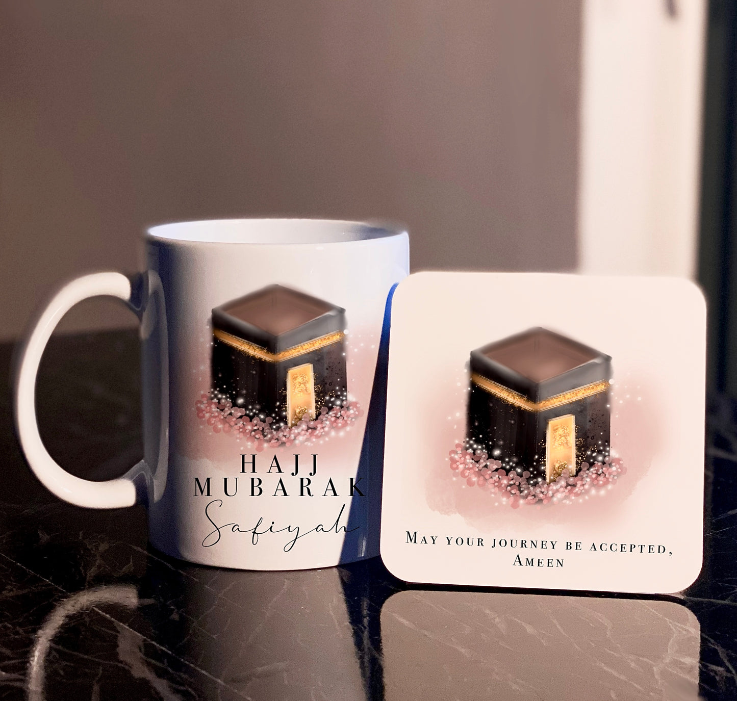 Personalized Pink Floral Hajj Mubarak Mug & Coaster