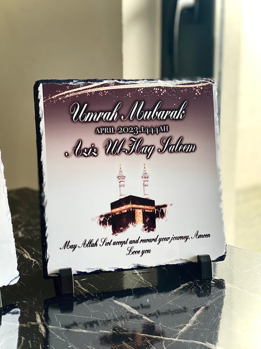 Umrah Mubarak Slate with Personalised Names and Stand (20x20cm)