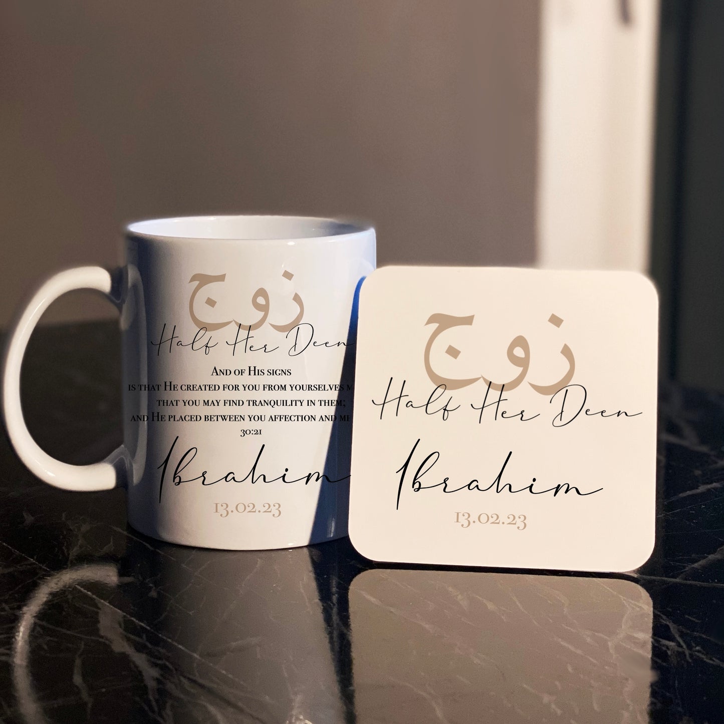 Set of 2 Personalised Islamic Married Couples "Half Your Deen" Mugs & Coasters Set