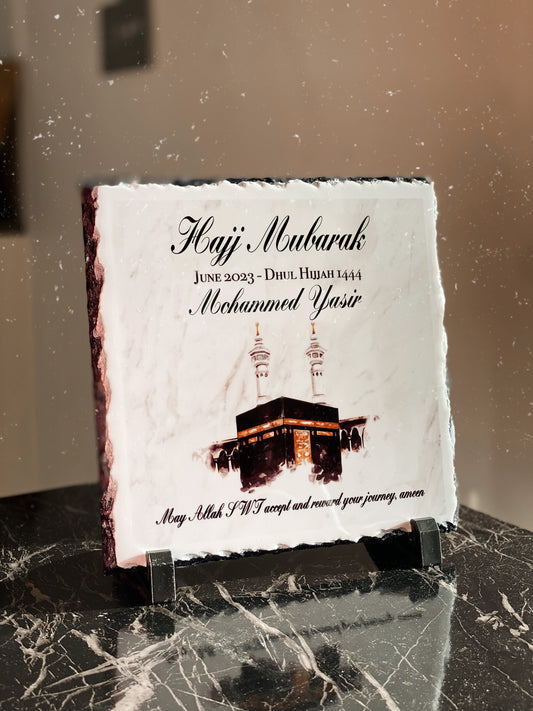 Hajj Mubarak Slate with Personalised Names and Stand (20x20cm)