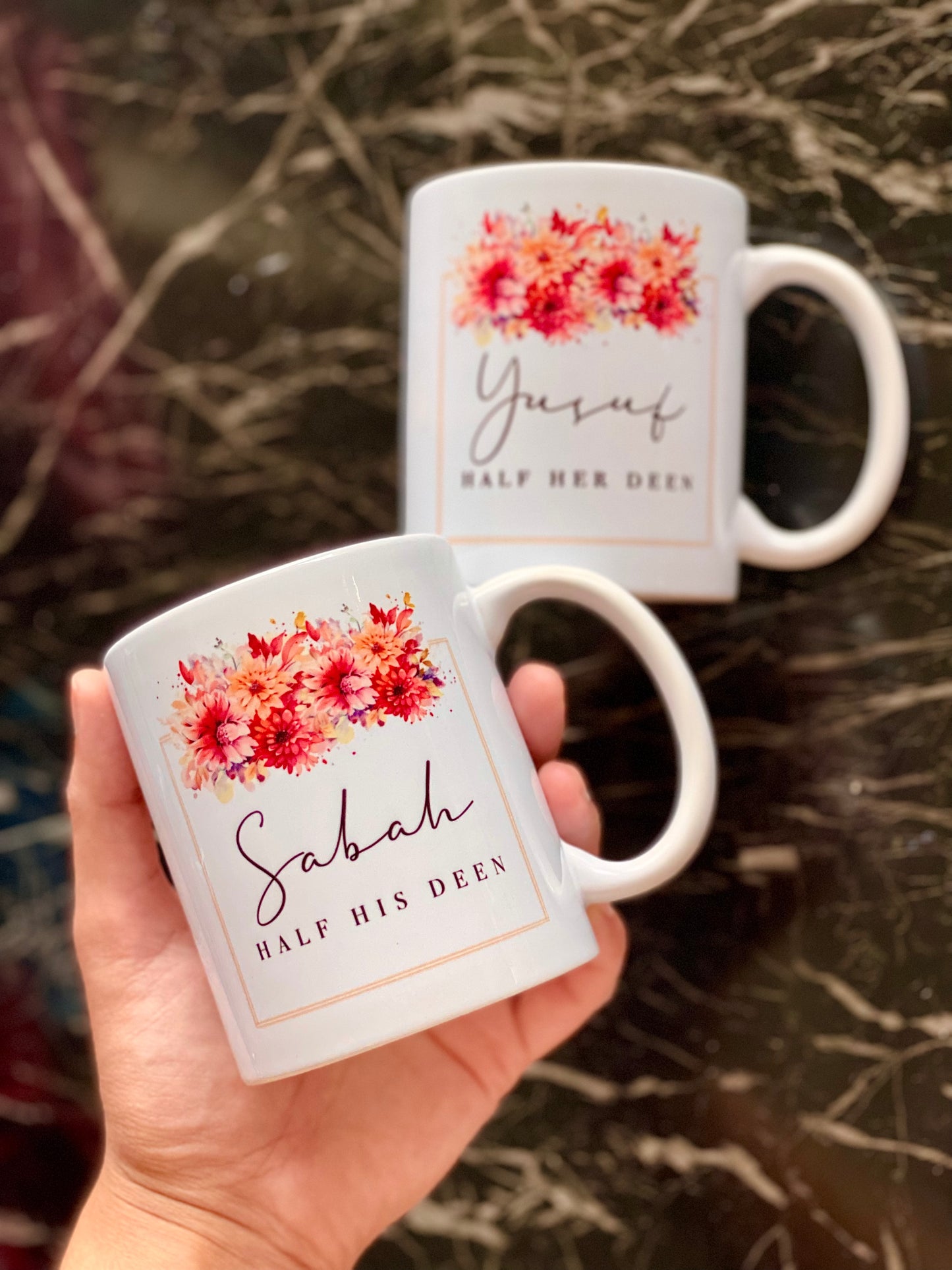 Personalised Half His/Her Deen Floral Couples Mugs & Coasters Set