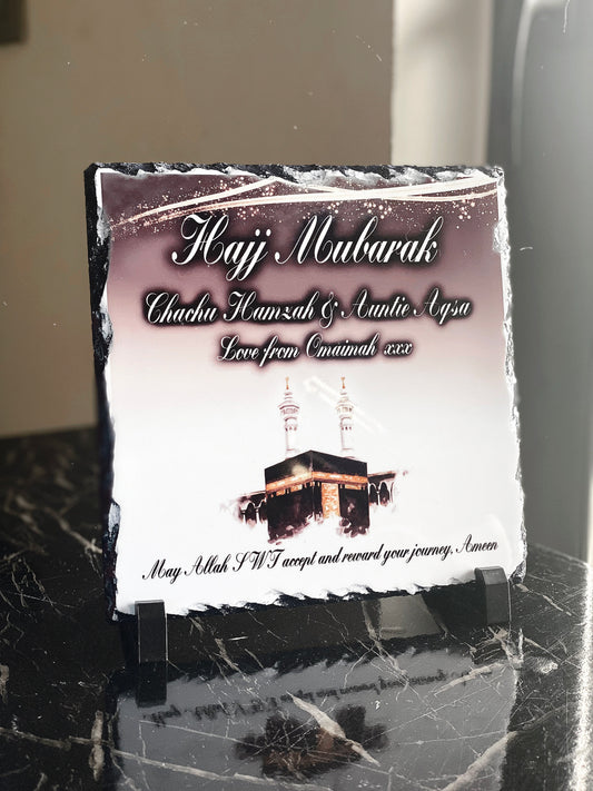 Hajj Mubarak Slate with Personalised Names and Stand (20x20cm)