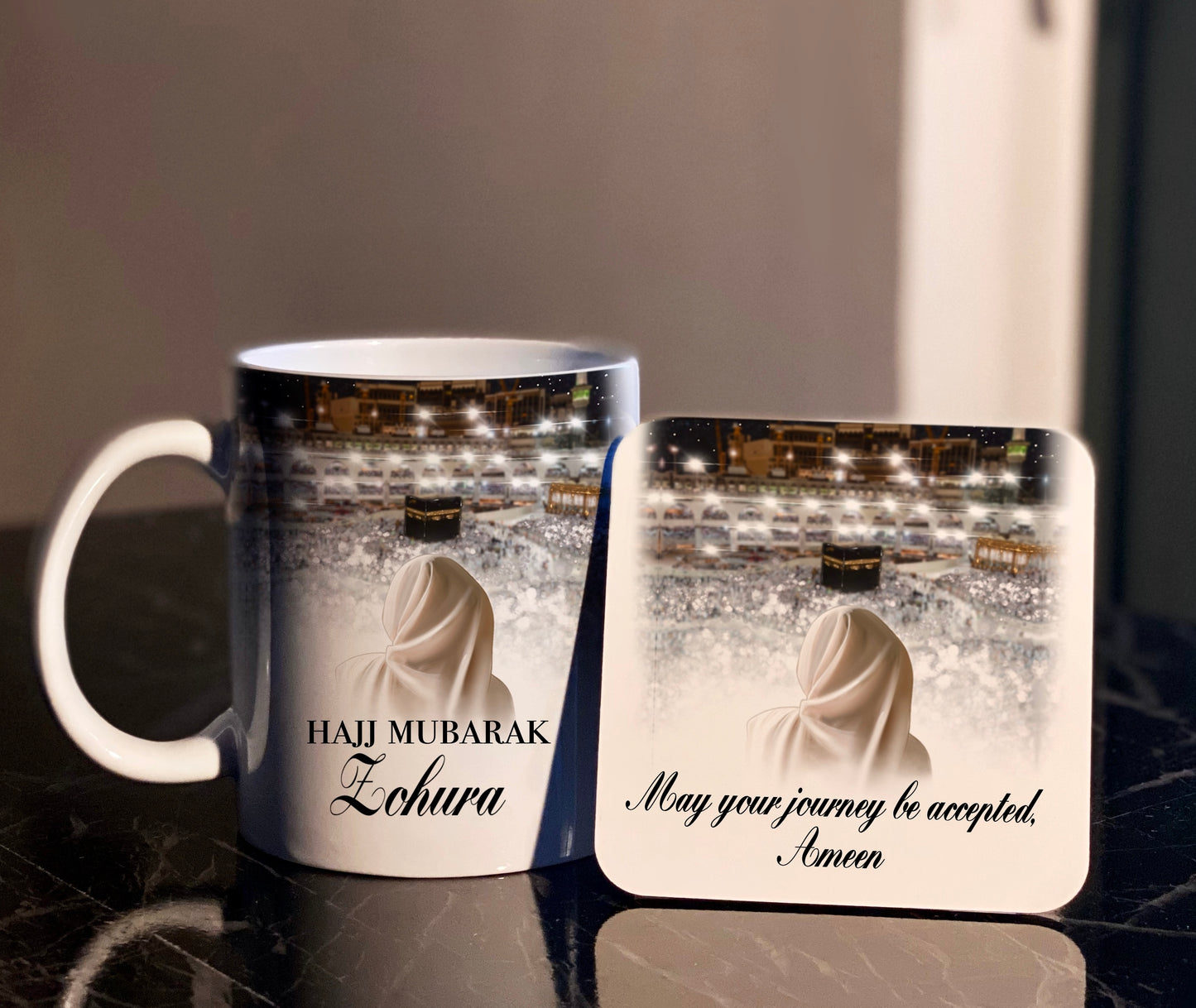 Personalized Hijabi Hajj Mubarak Mug & Coaster