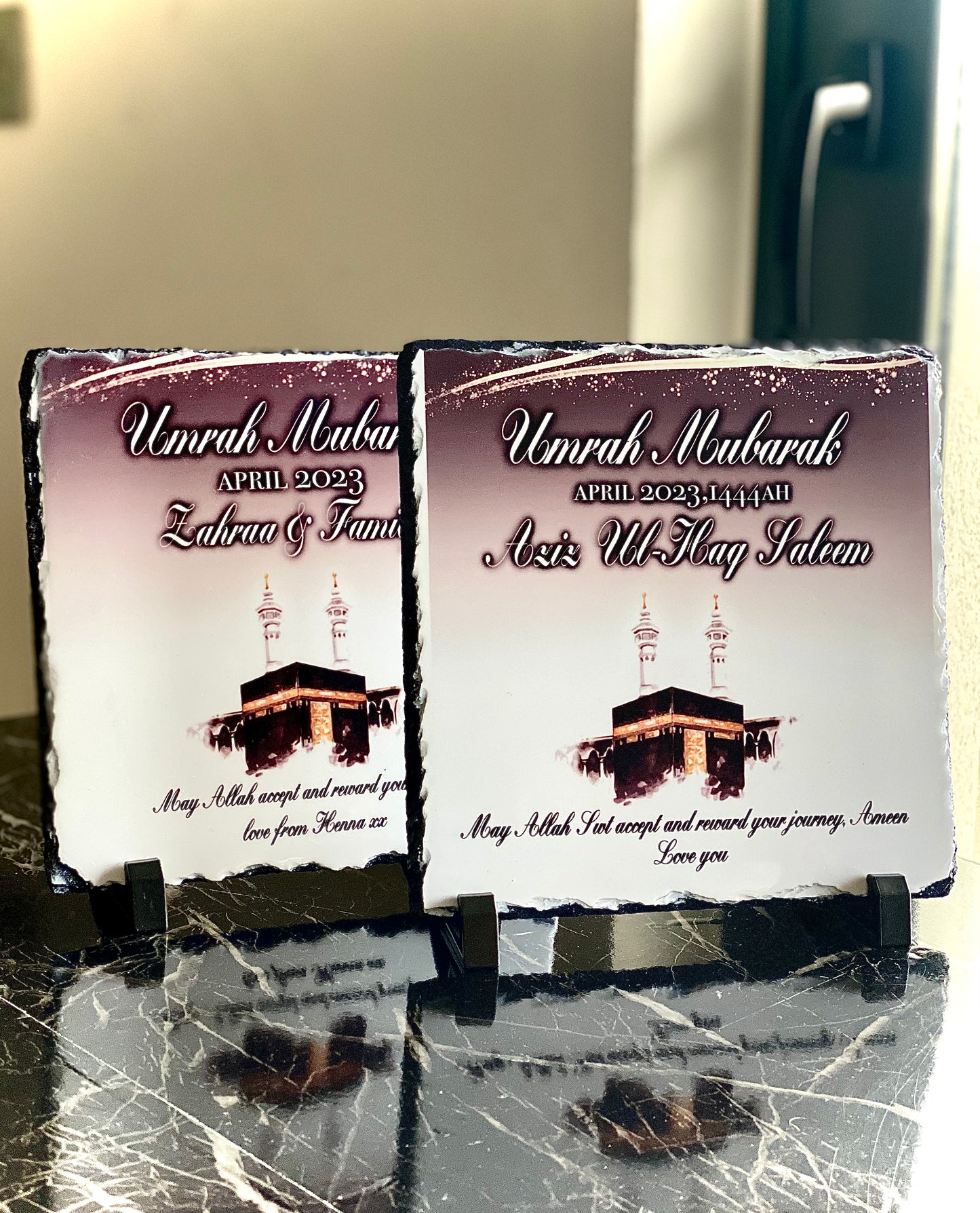 Umrah Mubarak Slate with Personalised Names and Stand (20x20cm)