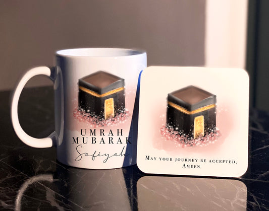 Personalized Pink Floral Umrah Mubarak Mug & Coaster