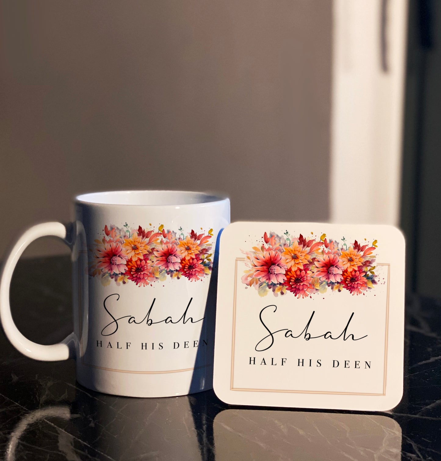 Personalised Half His/Her Deen Floral Couples Mugs & Coasters Set