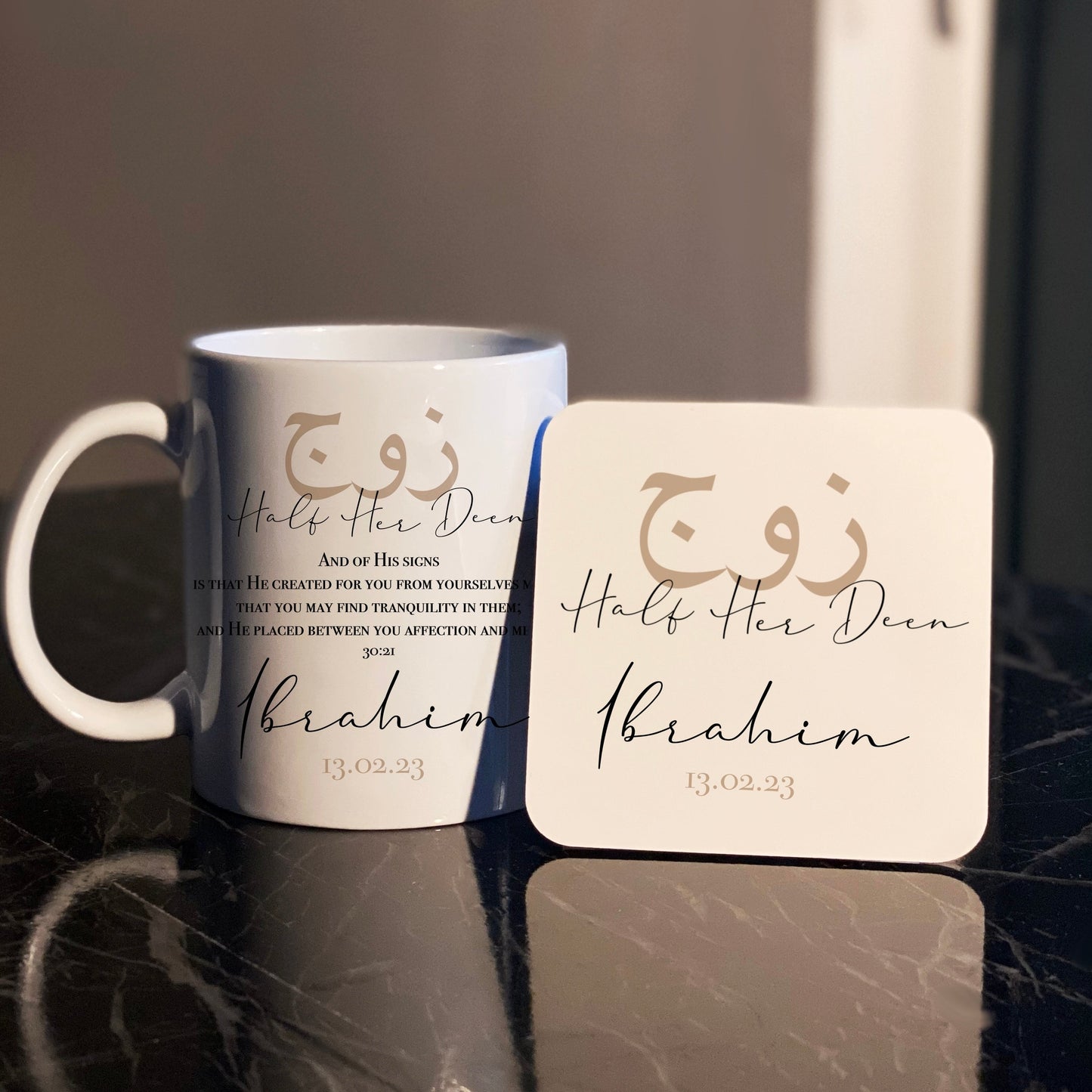 Set of 2 Personalised Islamic Married Couples "Half Your Deen" Mugs & Coasters & Keychains