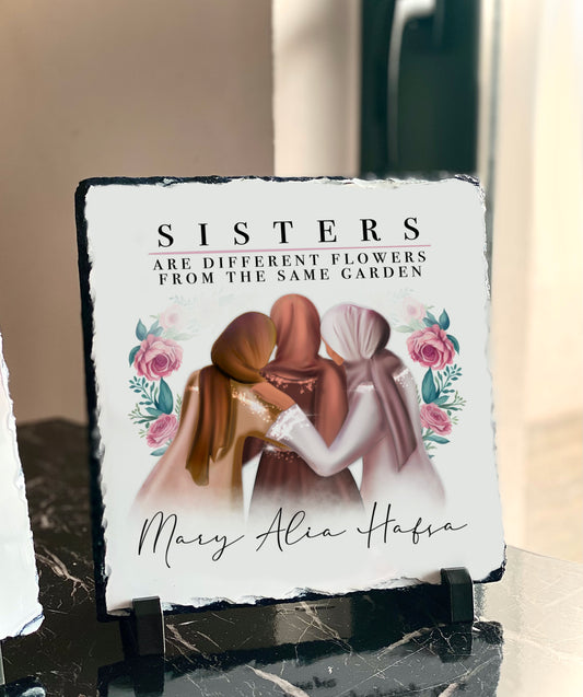 Hijabi Sisters Slate with Personalised Text and Stand (20x20cm)