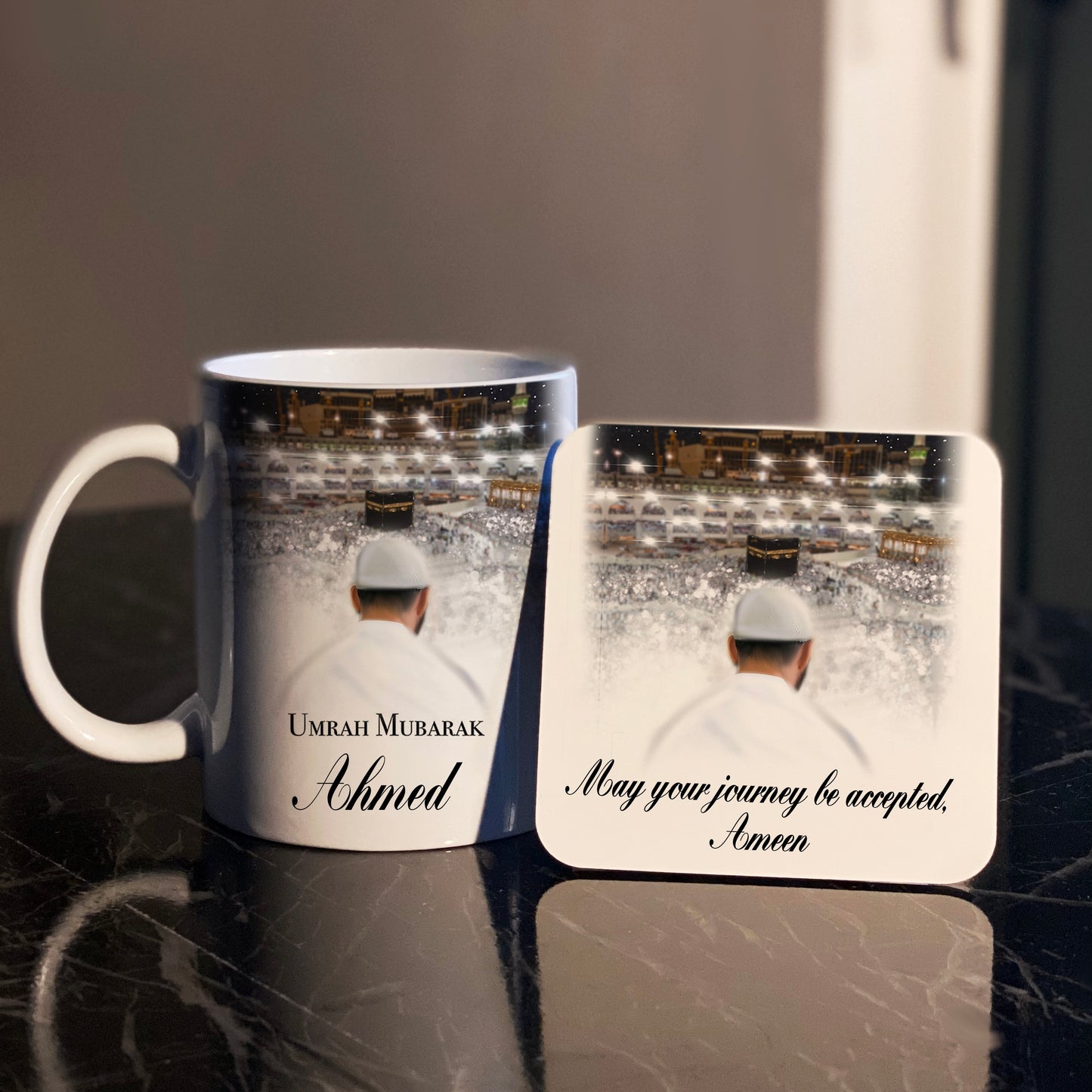 Personalised Umrah Mubarak Male Mug & Coaster