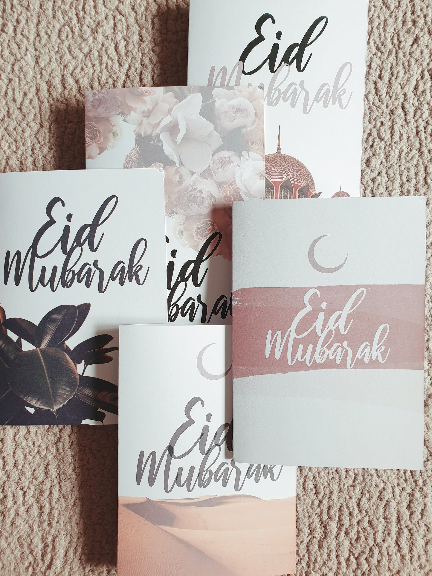 Set of 5 or 10 Modern Eid Mubarak Greeting Cards w/ Envelopes