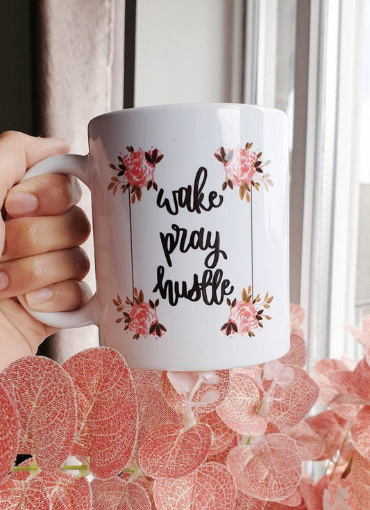 Floral "Wake Pray Hustle" Mug
