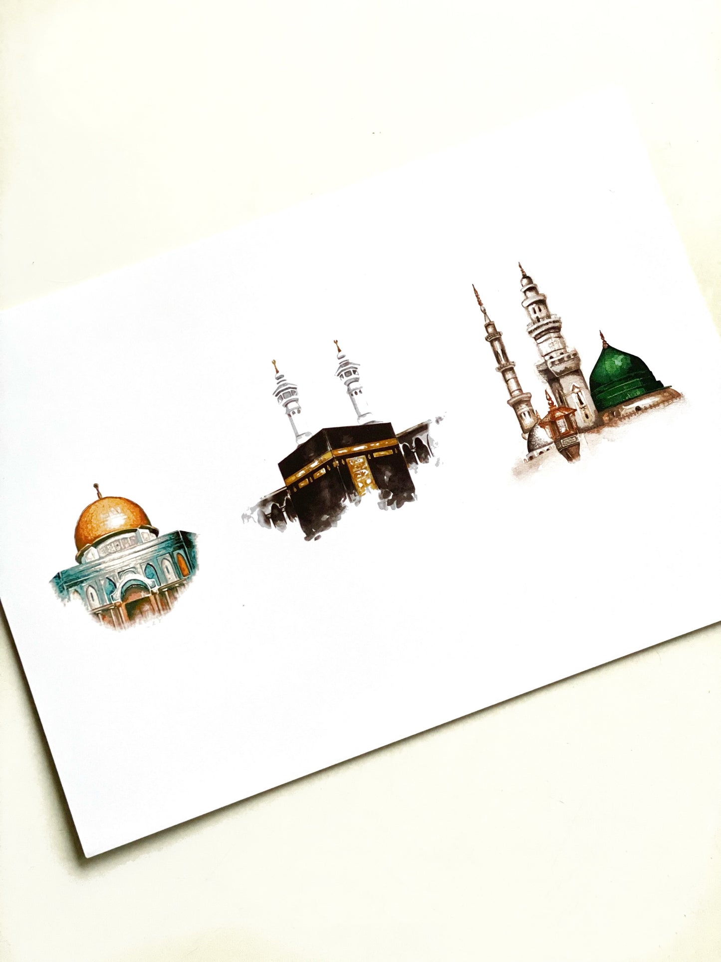 Dome of the Rock, Kabah, and Masjid An-Nabawiy Watercolour Print - Available with Frame!