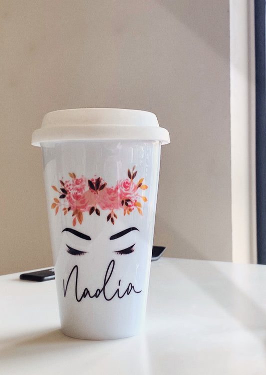 Personalised Name Hijabi Lashes Ceramic Travel Mug