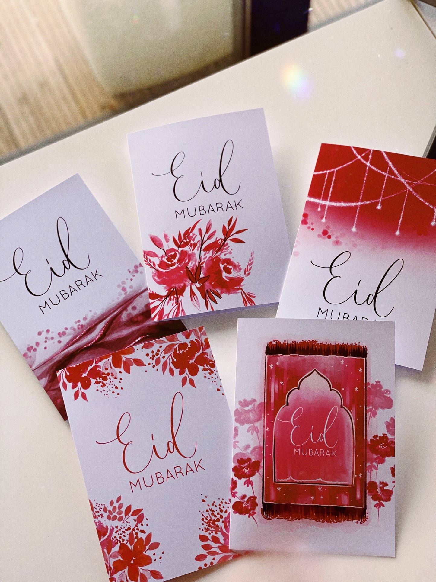 Set of 5 or 10 Magenta Eid Mubarak Greeting Cards w/ Envelopes