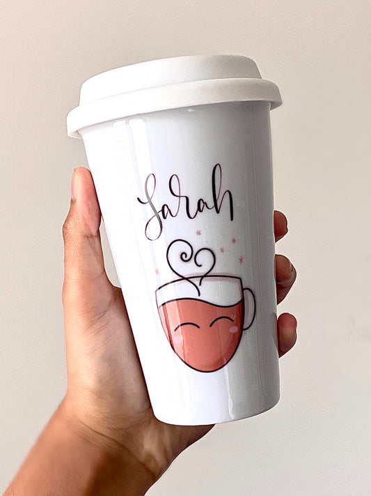 Personalised Name Chai Illustration Ceramic Travel Mug
