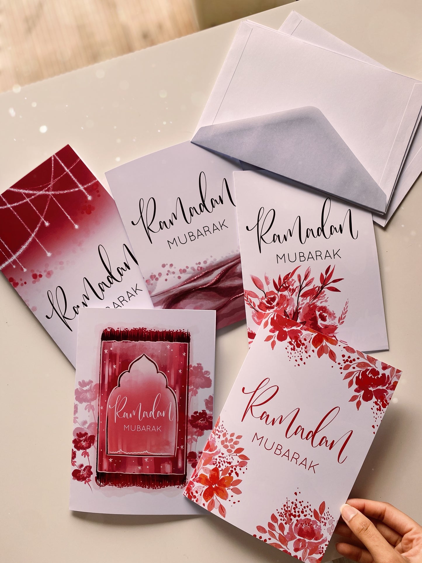 Set of 5 or 10 Magenta Ramadan Mubarak Greeting Cards w/ Envelopes